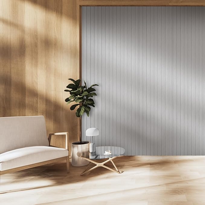 OUZUGIE WPC Acoustic Slat Wall Paneling, 8-Pack 96 x 6 Inches 3D Wall Panels for Interior Wall Decor,Living Room,TV Background,Study Room,Office Spaces,Bedroom,Low Grille (Grey)