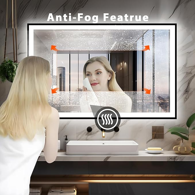 60x40 LED Mirror for Bathroom, Black Metal Framed, Vanity Mirror with Lights, 3 Color Modes, Dimmable CRI90+, Double Lights, Anti-Fog, Shatter-Proof, Waterproof, Memory (Horizontal/Vertical)