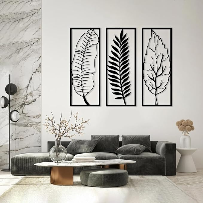 3 Pcs Metal Leaf Wall Decor-Palm Leaf Wall Art, Leaves Metal Wall Decor, Boho Wall Decor, Flower Wall Decor, Modern Wall Art, Maximalist Wall Decor, Wall Decor Living Room (59" x23"|150x58cm, White)