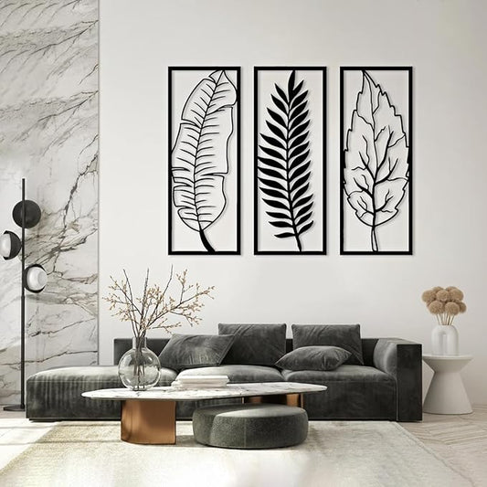 3 Pcs Metal Leaf Wall Decor-Palm Leaf Wall Art, Leaves Metal Wall Decor, Boho Wall Decor, Flower Wall Decor, Modern Wall Art, Maximalist Wall Decor, Wall Decor Living Room (41" x16"|105x41cm, Black)