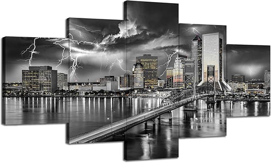 Cawpom Jacksonville Florida Wall Art Jacksonville Skyline Wall Decor Jacksonville Florida Bridge Picture Frame Lightning Strikes Canvas Print Storm City Painting Poster Home Decoration(60x32 inches)