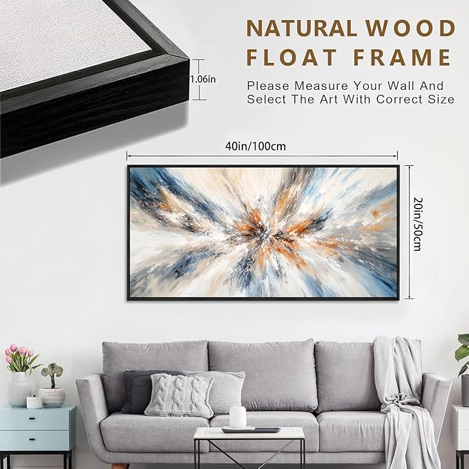 Abstract Painting Wall Art Small Size Framed Canvas Prints 20" x 40" Blue and Orange Abstract Modern Minimalist Living Room Decor for Bedroom Office Wall Décor