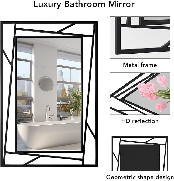Black Bathroom Mirror, 36''X24'' Rectangle Decorative Wall Mirrors with Geometric Metal Frame for Bathroom, Living Room, Bedroom, Entrance, Expands Space, Horizontal/Vertical