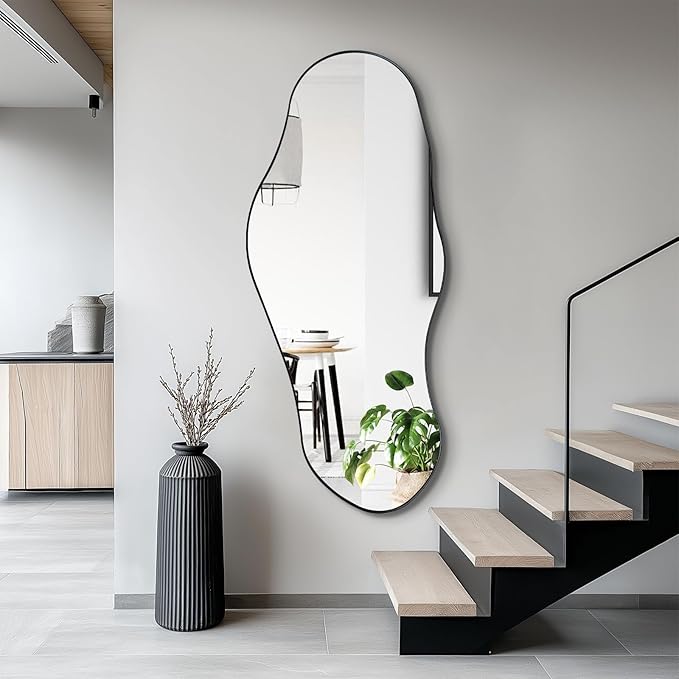 Black Irregular Mirror, 47"x20.5" Asymmetrical Mirrors, Abstract Wall Mirror Decorative, Modern Wavy Shaped Mirrors for Living Room Bathroom Bedroom Hallway Entryway Fireplace