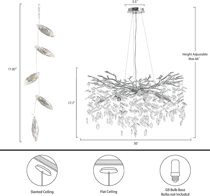30" Silver Crystal Chandelier, 10-Light Tree Branch Chandelier for Dining Room, Modern Round Chandeliers for Living Room, Foyer, Entryway, Bedroom, Kitchen, Luxury K9 Crystal Raindrop Light Fixture