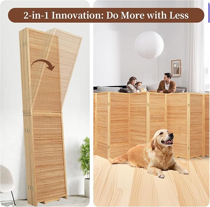 Bamboo Room Divider 8 Panel Wall Divider, 142'' W x 67'' H Folding Design with Extra Stable Base, 100% Bamboo Room Divider Screen for Room Separation, Chinese Room Partitions and Dividers Freestanding