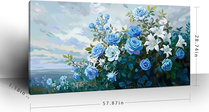 Nicetop Extra Large Floral Canvas Art for Living Room – Elegant Botanical Wall Picture with White Lilies, Blue Roses & Green Leaves – Horizontal Nature Artwork for Bedroom, Office, Kitchen, 58x29 Inch