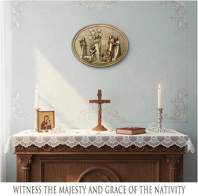 Christmas Vintage Wall Decor with 3D Resin Nativity Scene, Oval Antique Wall Sculpture Framed Christmas Manger Nativity Set for Bedroom Living Room Hallway