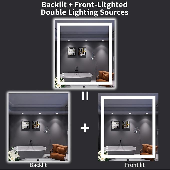 LOAAO 32"X36" LED Bathroom Mirror with Lights, Anti-Fog, Dimmable, Backlit + Front Lit, Lighted Bathroom Vanity Mirror for Wall, Memory Function, Tempered Glass, ETL Listed