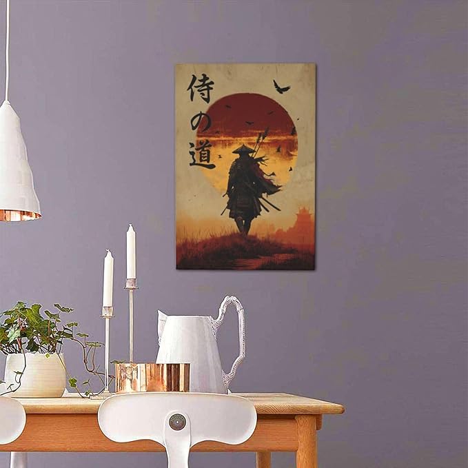 Japanese Samurai Wall Art Oriental Asian Bushido Wall Decor Warrior Figure Canvas Pictures Paintings Prints Japan Traditional Aesthetic Artwork Framed Decorations For Bedroom Living Room Office Gifts 16" x 24"