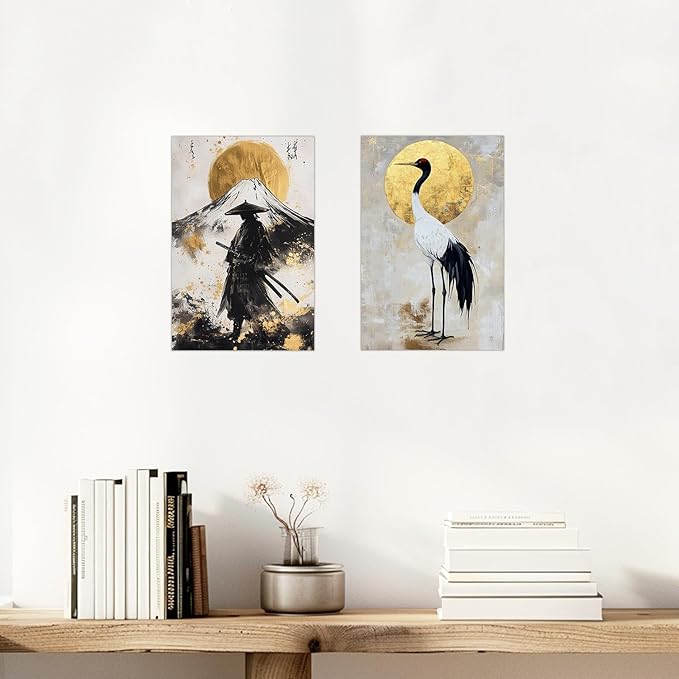 SWQYLB Japanese Wall Art 2 Piece Samurai Art Wall Decor Japanese Landscape Pictures Canvas Prints Asian Oriental Home Decor Framed (Gold, (12"x16"x2 Pieces))