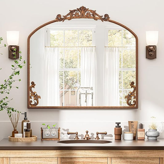 Arched Gold Wall Mirror, 36"X30" Antiqued Baroque Brass Fireplace Mirror Decor, Victorian Vintage Mirror with Metal Frame&Art Carved, for Entryway/Bedroom/Bathroom/Mantle/Hallway
