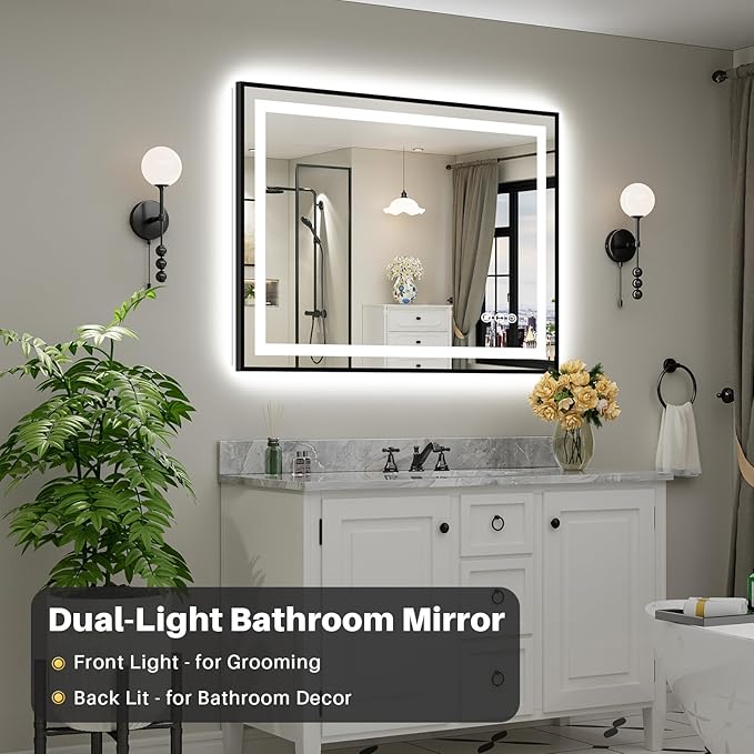 48x36 Inch LED Bathroom Mirror with Black Frame, Backlit & Front Lit, Anti-Fog Lighted Bathroom Vanity Mirror for Wall, Memory Function, Dimmable, HD Tempered Glass, Shatter-Proof