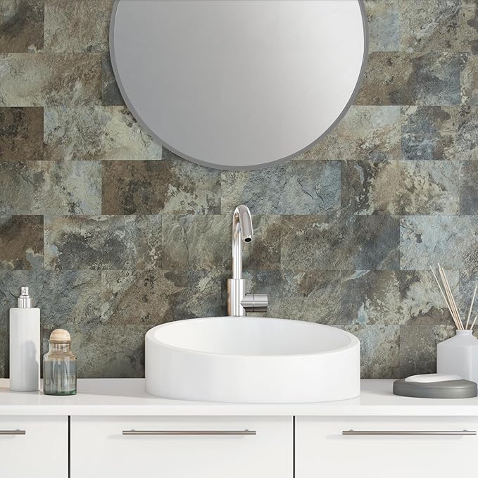 AULIGET 20-Piece Beige & Brown Slate Peel and Stick Backsplash Wall Tiles, 6" x 12" PVC Faux Stone Stick on Tiles Backsplash Kitchen