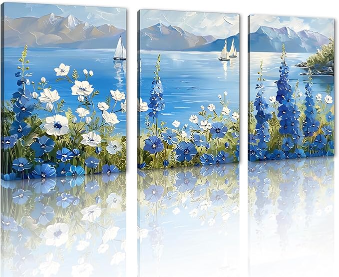 MAMAGO 3 Pieces Coastal Canvas Wall Decor Vintage Oil Painting Blue and White Floral Print Picture Natural Sea Scenery Painting for Farmhouse Bathroom Wall Art Framed Ready to Hang-12”x16”x3pcs