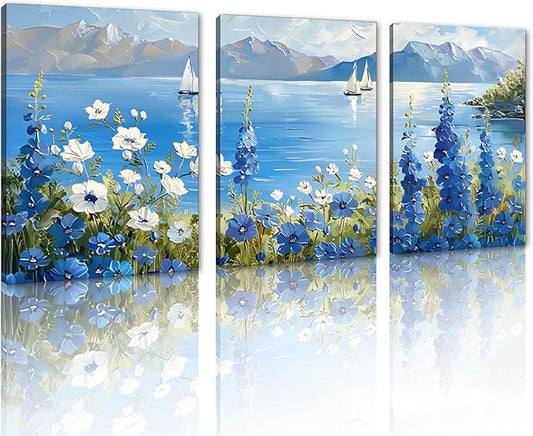 MAMAGO 3 Pieces Coastal Canvas Wall Decor Vintage Oil Painting Blue and White Floral Print Picture Natural Sea Scenery Painting for Farmhouse Bathroom Wall Art Framed Ready to Hang-12”x16”x3pcs