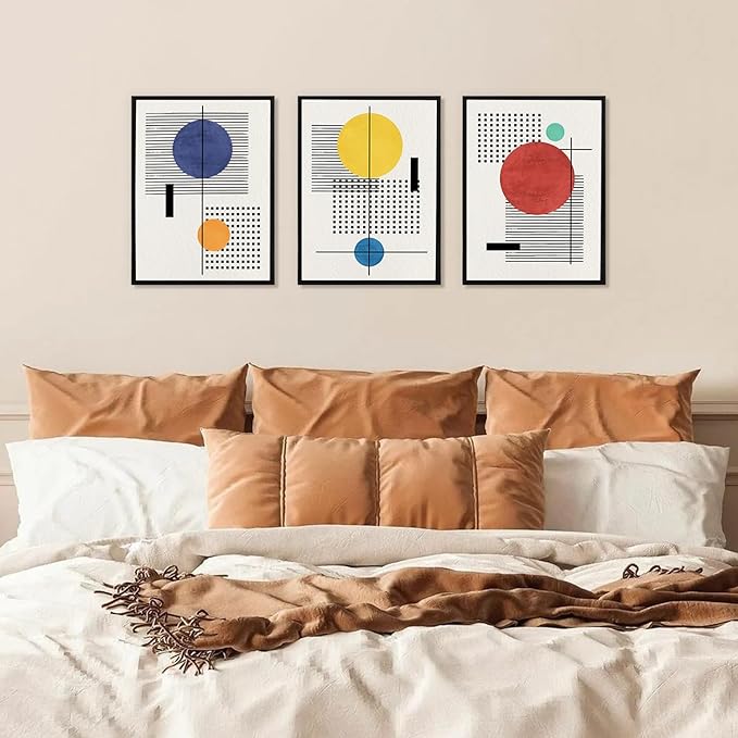 LHIUEM Mid-Century Modern Geometric Wall Art Framed Minimalist Large Painting Set of 3(12”X16”) Boho Black Framed Wall Decor Beige Bohemian Line Art Prints for Living Room Bedroom Gallery