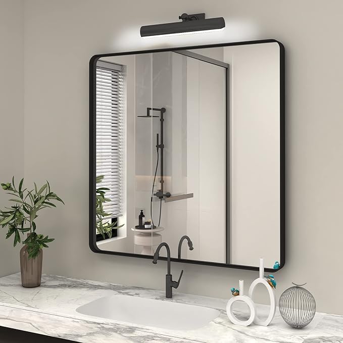 36x36 Square Black Bathroom Mirror, Matte Framed Bathroom Vanity Mirror for Wall, Modern Rectangle Mirror, Rounded Corners, Tempered Glass