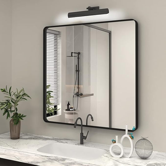 36x36 Square Black Bathroom Mirror, Matte Framed Bathroom Vanity Mirror for Wall, Modern Rectangle Mirror, Rounded Corners, Tempered Glass