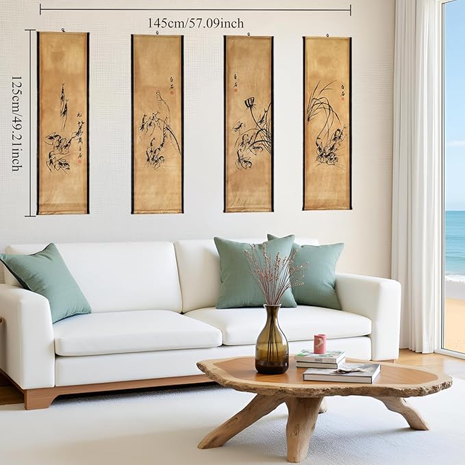 CIFIBIFUN Wall Asia Art Prints Posters,4 Panels Qi Baishi Shrimp China Ink Painting Replica Paper Scroll, Home Walls Decor Chinese Painting