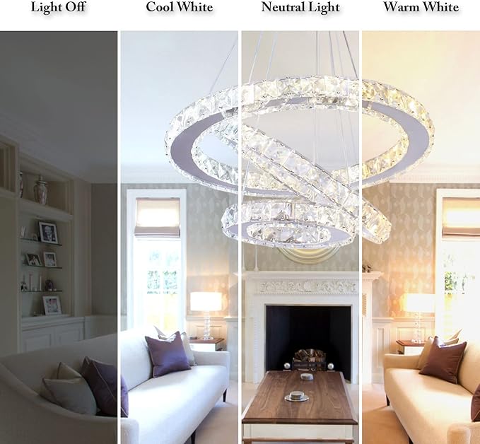 LED Chandeliers 3 rings LED Ceiling Lighting Fixture Modern Crystal Chandeliers Adjustable Stainless Steel Pendant Light for Bedroom Living Room Dining Room(Changeable Color,Control by button)