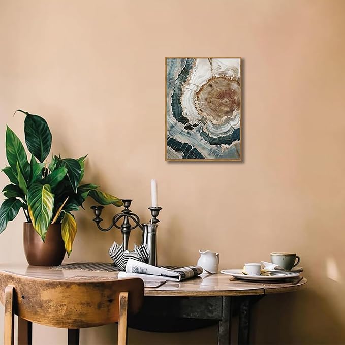 BingruiArt Framed Tree Ring Canvas Wall Art Abstract Wood Wall Decor Boho Modern Colorful Nature Painting Wood Stump Prints Pictures for Living Room Bedroom Bathroom Office 12"x16" Natural Framed(06)