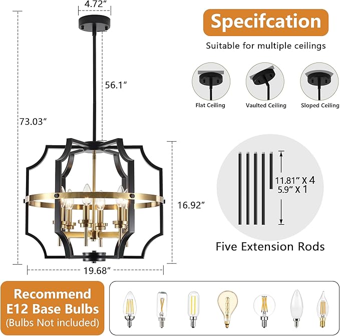 19.7'' Black and Gold Chandelier for Dining Room, 6-Light Farmhouse Industrial Chandelier Adjustable Modern Geometric Pendant Lights for Living Room Kitchen Entryway Foyer Hallway