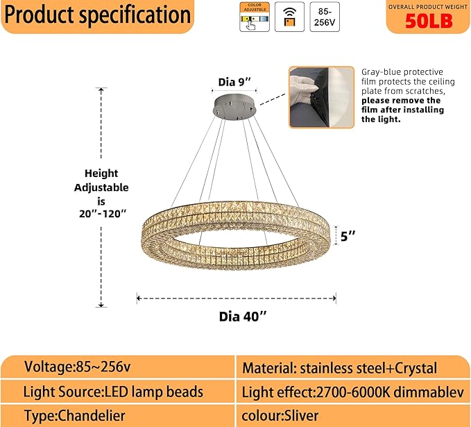 Led Ring Crystal Chandelier for Living Room, Modern Dimmable Chandeliers Lighting and Hanging Adjustable, LED Round Ceiling Chandelier for Dining Room (40inch,Black)