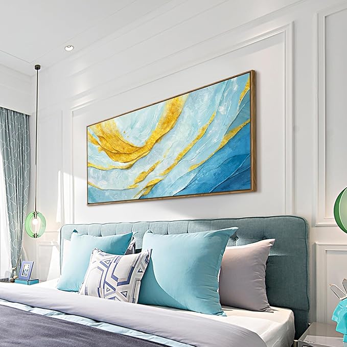 Nicetop Framed Abstract Wall Art for Living Room– Large Size Coastal Canvas Print Modern Picture Horizontal Blue and Gold Artwork with Wood Frame for Bedroom Home Office Aesthetic Decor 48x24 Inch