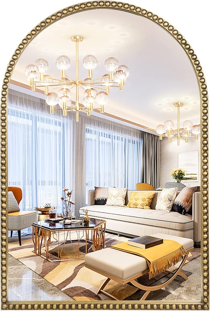 Arched Wall Mirror for Bathroom, 20"x30" Metal Beaded Frame Decorative Accent Mirror, Large Modern Distressed Hanging Wall Decor for Washroom, Bedroom, Living Room, Entryway, Antique Gold