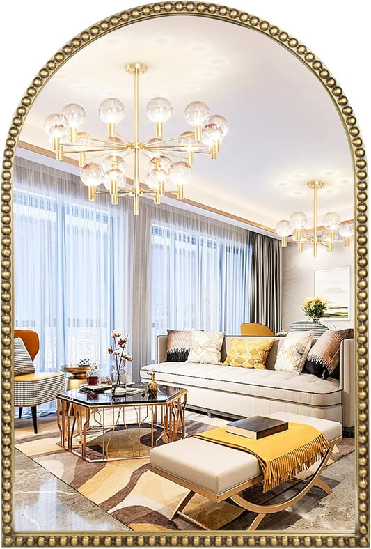 Arched Wall Mirror for Bathroom, 20"x30" Metal Beaded Frame Decorative Accent Mirror, Large Modern Distressed Hanging Wall Decor for Washroom, Bedroom, Living Room, Entryway, Antique Gold