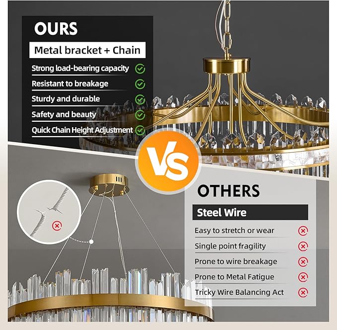 2-Tier Round LED Crystal Chandelier for Living Room - Large 3 Colors Stepless Dimmable Gold Chandeliers,Modern Adjustable Height high ceiling Light Fixture for Dining Room Entryway With Remote Control