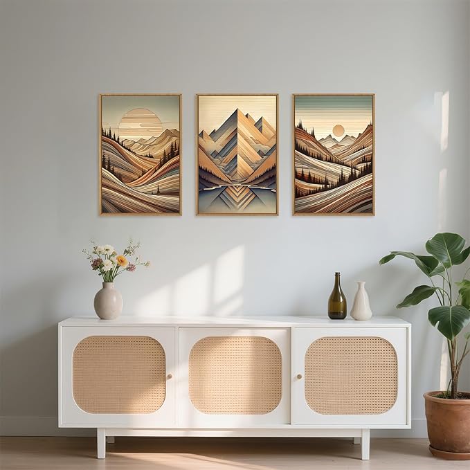 Large Vintage Woodcut Style Mountain Framed Canvas Wall Art,Mid Century Woodland Wall Decor,Boho Sunrise Forest Artwork,Modern Neutral Nature Art Print for Living Room,Bedroom,Office- 16"x24"x3
