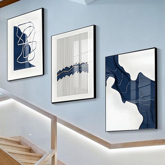ARTFEB Navy Blue Wall Art, Abstract Blue and White Painting Wall Art for Living Room Decor,Black Framed Wall Decor for Bedroom Bathroom Home Office, 24x32 inch,3 Piece