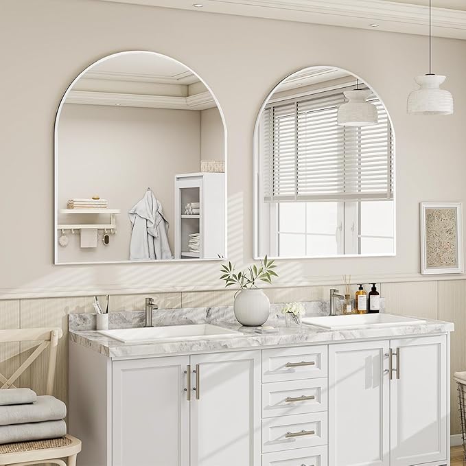 32x34 Arch Wall Mirror, White Bathroom Mirrors for Over Sink, Metal Frame Wall Decor for Entryway, Bedroom, Living Room