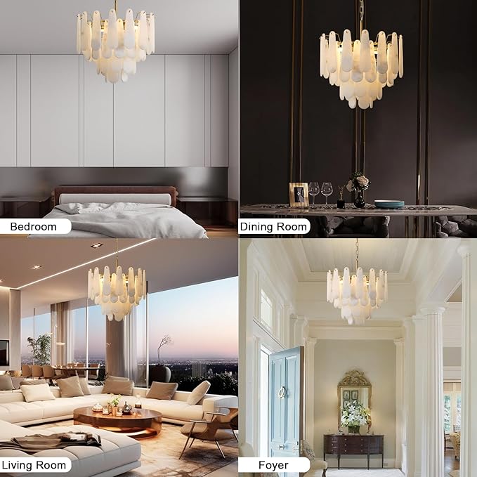 Alabaster Chandelier, D23.6in Modern Alabaster Round Dining Room Chandelier, 4-Tiers Luxury Natural Stone Ceiling Light Fixture, White Marble Chandeliers for Living Room Bedroom Foyer Entryway Kitchen