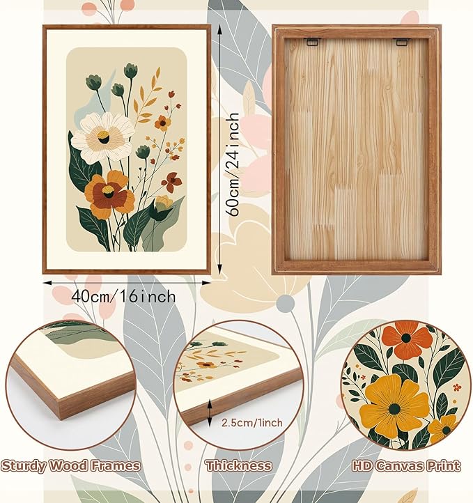 LHIUEM Boho Floral Botanical Framed Canvas Wall Art Set,Abstract Vintage Beige Wall Decor,Minimalist Wildflowers Artwork for Living Room,Bedroom,Dining Room,Office -16"x24"x3