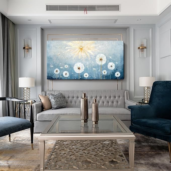 Nicetop Oversized Wall Art for Living Room – Extra Large Blue and White Floral Landscape Canvas Print, Botanical Wildflower Dandelion Picture, Nature Artwork for Big Bedroom Office Decor, 58x29 Inch