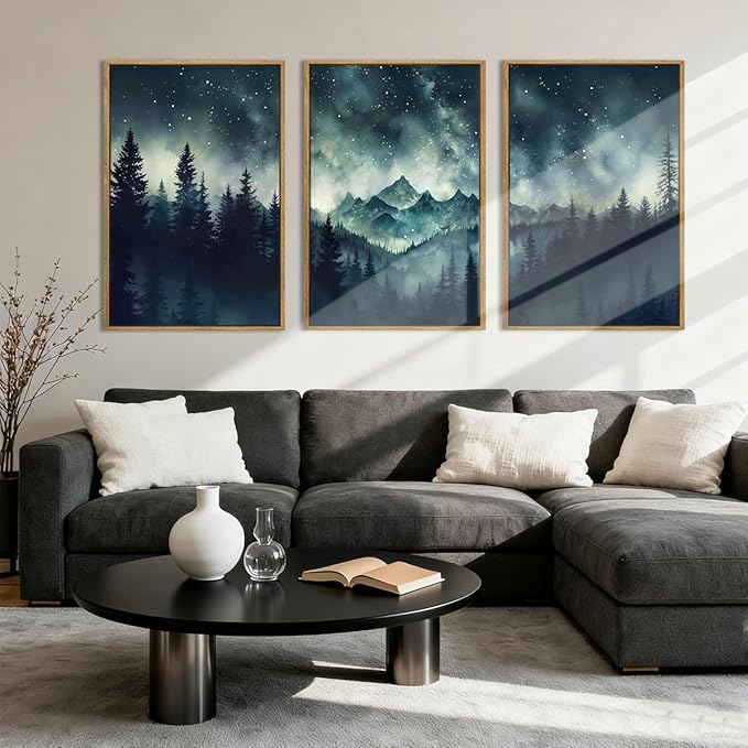 Large Misty Forest Mountain Wall Art Framed Dark Starry Sky Wall Decor Modern Wilderness Art Print for Living Room Bedroom Office 16x24 Inch Set of 3