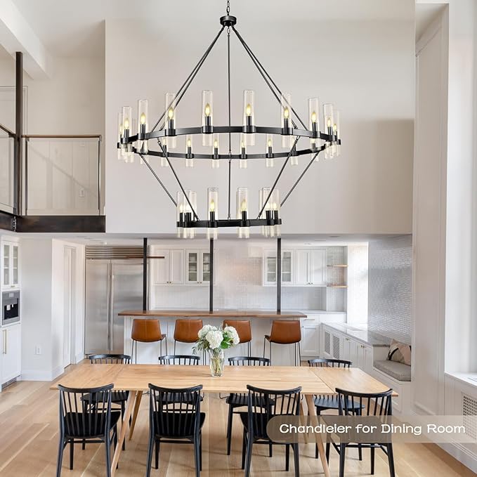 Black Wagon Wheel Chandelier 2 Tier, 60 Inch Chandeliers with Glass Shade, 30-Light Large Chandelier for High Ceiling, Modern Farmhouse Chandeliers for Living Room, Dining Room, Entryway and Staircase