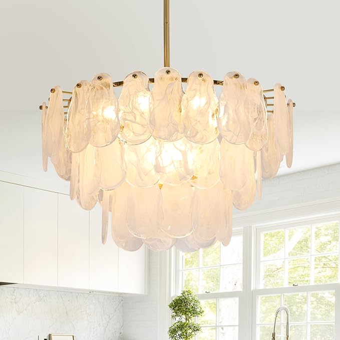 Modern Gold Glass Chandeliers, 9-Light Luxury Cloud Pendant Light Fixture, 3-Tiers Round Ceiling Hanging Light Fixture for Bedroom Dining Room Kitchen Island Living Room Entryway Bar L23.6'' (E12)