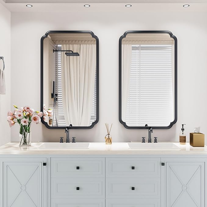 26"x40" Rustproof Bathroom Mirror Black, Round Corner Metal Frame Wall Mirror, Horizontal/Vertical Hanging Over Sink, Bedroom Bathroom Decor