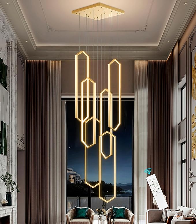 6-Rings Chandelier Modern, Gold Contemporary LED Light for Living Room Entrance, Dimmable Flush Mount High Ceiling Chandeliers with Remote Control for Villa Foyer