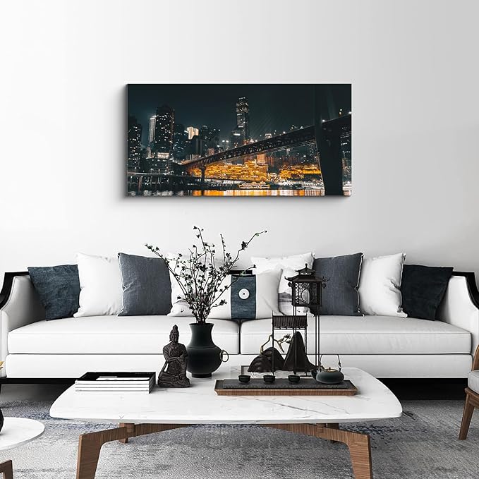 NAN Wind 1PCS Chongqing City Nightscape Canvas Wall Art Illuminated Chinese Skyline with Bridge Skyscrapers Modern Urban Landscape Photography Print for Living Room Office Bedroom Decor