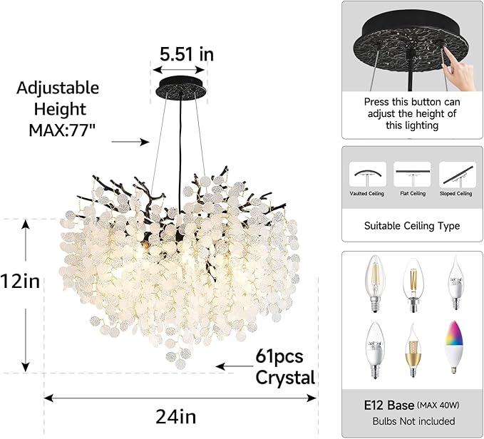 24-Inch Black Tree Branch Chandelier, 8-Light Modern Coastal Chandelier, Round Crystal Dining Room Light Fixtures for Foyer Entryway Stairwell, Bathroom Chandeliers Over Tub, E12