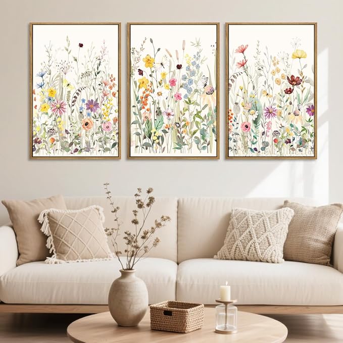 BINCUE Large Framed Floral Canvas Wall Art Colorful Wildflower Pictures Wall Decor for Living Room Bedroom Home Decor 3 Panel 16x24 Inches