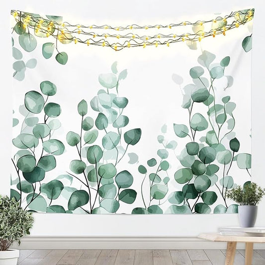 jejeloiu Eucalyptus Leaves Tapestry Watercolor Botanical Wall Art Natural Leaves Flowers Branches Wall Hanging Blanket for Living Room Bedroom Abstract Foliage Home Decor Medium 59"x59" White Green