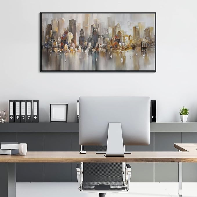New York City Wall Art -Framed Modern Abstract Wall Art for Living Room, Office & Bedroom Cityscape & Paintings for Bedroom brooklyn bridge Pictures Wall Decor Chicago Artwork for Walls 20×40IN