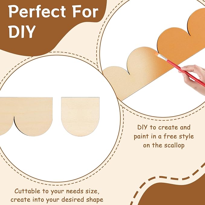 12Pcs Unfinished Scalloped Decorative Wood Trim with Glue Dots, 15.75" x 1.57" Scalloped Wooden Edging Trim Cute DIY Moulding Trim for Home Wall Cabinet Window Door Decor, Interior & Exterior Use