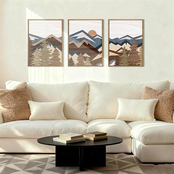BINCUE Framed Mountain Wall Art Boho Landscape Wall Decor Mountain Artwork for Office Living Room Bedroom 12" Lx16 W Set of 3